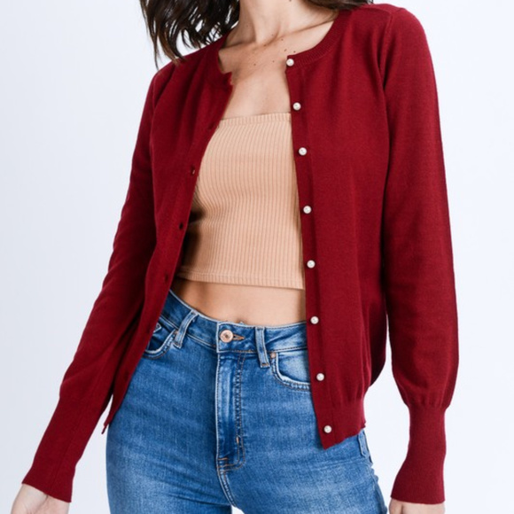 Sweaters - 😍1 LEFT😍   Pearl Button Cardigan in Ruby Red